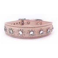 Small-Medium Pale Pink Leather+Diamonds Dog Collar, Fits Neck: 11-12.25"
