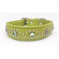 Green Leather+Jewels Dog/Cat Collar Neck Size 11"-12.25