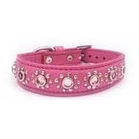Small Hot Pink Leather Dog Collar with Jewels Fits Neck 9"-10.5"