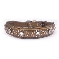 Metallic Bronze Leather+Jewels Dog/Cat Collar Neck Size 11"-12.25