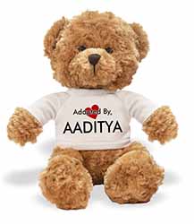 Adopted By AADITYA Teddy Bear Wearing a Personalised Name T-Shirt