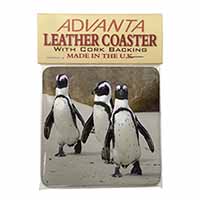Penguins on Sandy Beach Single Leather Photo Coaster