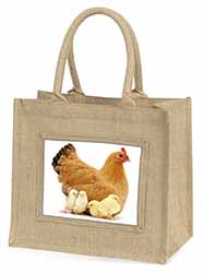 Hen with Baby Chicks Natural/Beige Jute Large Shopping Bag
