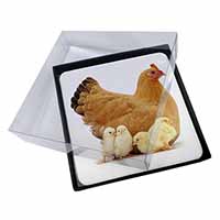 4x Hen with Baby Chicks Picture Table Coasters Set in Gift Box