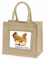Personalised Easter Hen+Chicks Natural/Beige Jute Large Shopping Bag