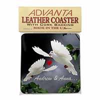 Doves Personalised Valentines Day Gift Single Leather Photo Coaster
