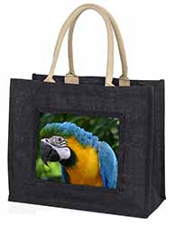 Blue+Gold Macaw Parrot Large Black Jute Shopping Bag