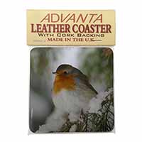 Robin Red Breast in Snow Tree Single Leather Photo Coaster