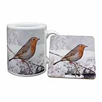 Winter Robin on Snow Branch Mug and Coaster Set