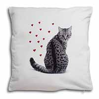 Silver Tabby Cat with Red Hearts Soft White Velvet Feel Scatter Cushion
