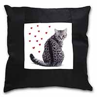 Silver Tabby Cat with Red Hearts Black Satin Feel Scatter Cushion