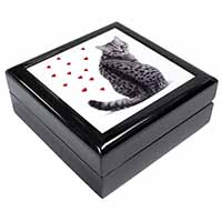 Silver Tabby Cat with Red Hearts Keepsake/Jewellery Box