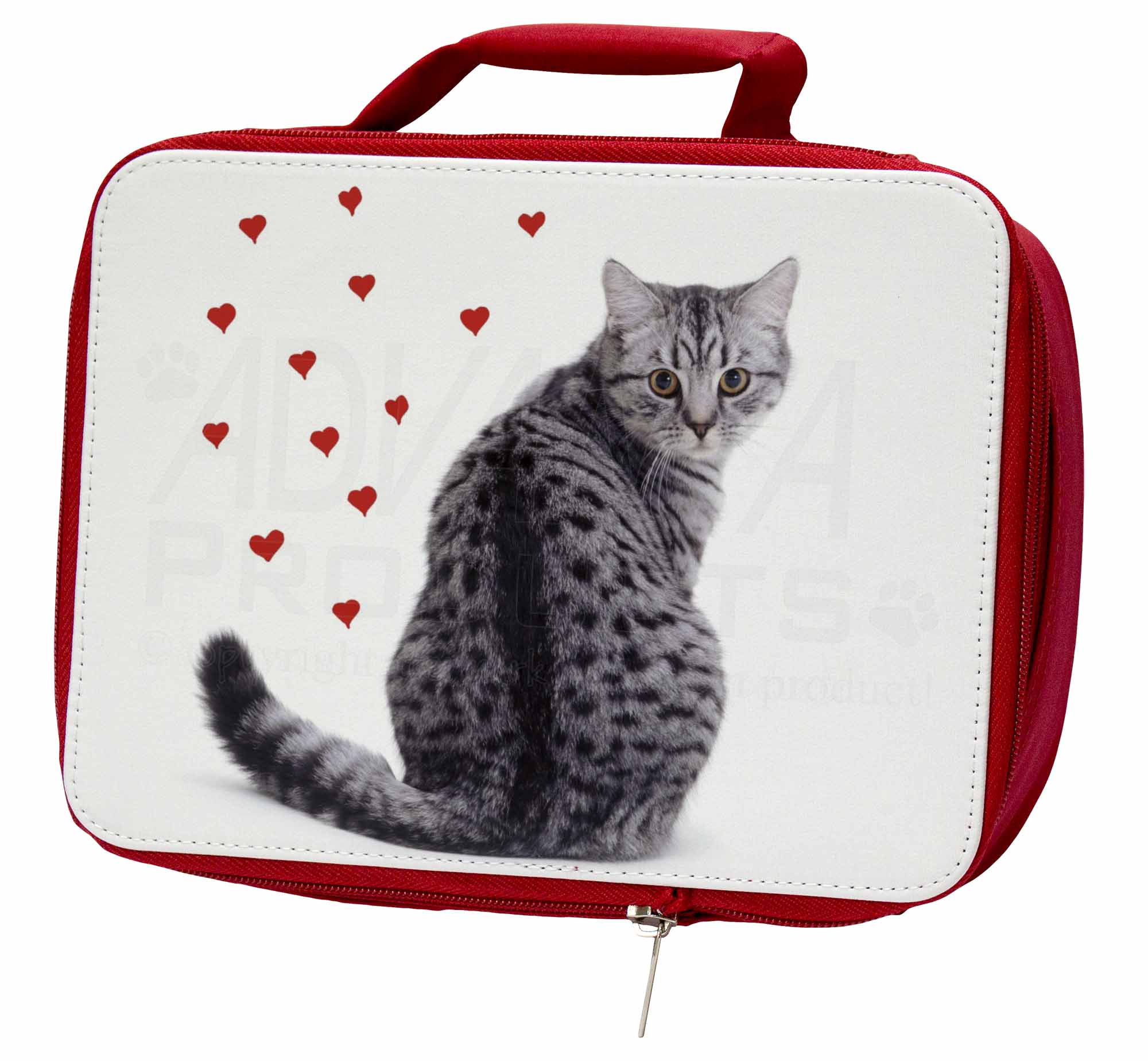 AC-140LBR Silver Tabby Cat with Red Hearts Insulated Red School Lunch Box//Picni