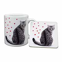 Silver Tabby Cat with Red Hearts Mug and Coaster Set