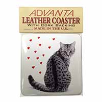 Silver Tabby Cat with Red Hearts Single Leather Photo Coaster