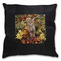 Tabby Kitten in Foilage Black Satin Feel Scatter Cushion