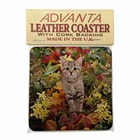 Tabby Kitten in Foilage Single Leather Photo Coaster
