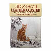 Ginger Winter Snow Cat Single Leather Photo Coaster