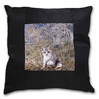Kitten and White Tiger Watch Black Satin Feel Scatter Cushion