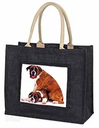 Boxer Dog with Puppy Large Black Jute Shopping Bag