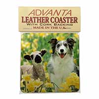 Border Collie Dog and Lamb Single Leather Photo Coaster