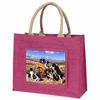 Border Collie in Wheelbarrow Large Pink Jute Shopping Bag