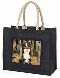 Bernese Mountain Dog Large Black Jute Shopping Bag