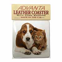 Basset Hound Dog and Cat Single Leather Photo Coaster