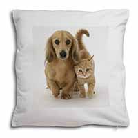 Dachshund Dog and Kitten Soft White Velvet Feel Scatter Cushion