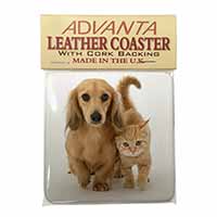 Dachshund Dog and Kitten Single Leather Photo Coaster