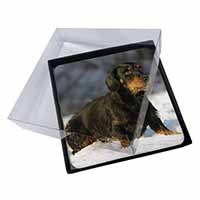4x Long-Haired Dachshund Dog Picture Table Coasters Set in Gift Box