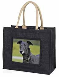 Black Greyhound Dog Large Black Jute Shopping Bag