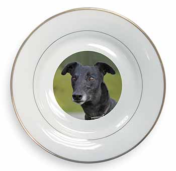 Black Greyhound Dog Gold Rim Plate Printed Full Colour in Gift Box
