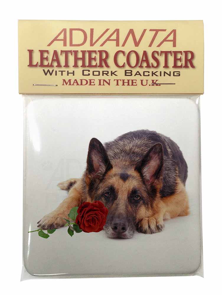 German Shepherd with Red Rose Single Leather Photo Coaster Animal Br AD-GS1R2SC