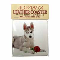 Siberian Husky with Red Rose Single Leather Photo Coaster
