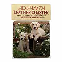 Yellow Labrador Puppies Single Leather Photo Coaster