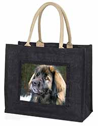 Black Leonberger Dog Large Black Jute Shopping Bag