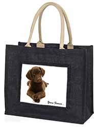 Chocolate Labrador Dog Love Large Black Jute Shopping Bag