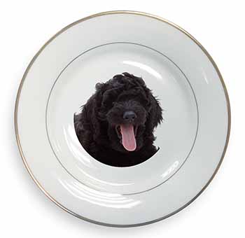 Black Labradoodle Dog Gold Rim Plate Printed Full Colour in Gift Box