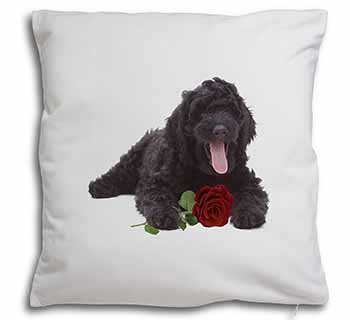 Labradoodle Dog with Red Rose Soft White Velvet Feel Scatter Cushion