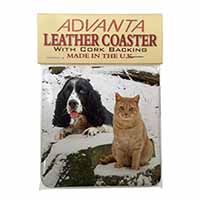 Cocker Spaniel and Cat Snow Scene Single Leather Photo Coaster