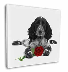Cocker Spaniel (B+W) with Red Rose Square Canvas 12"x12" Wall Art Picture Print