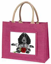 Cocker Spaniel (B+W) with Red Rose Large Pink Jute Shopping Bag