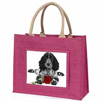 Cocker Spaniel (B+W) with Red Rose Large Pink Jute Shopping Bag