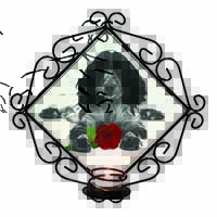Cocker Spaniel (B+W) with Red Rose Wrought Iron Wall Art Candle Holder