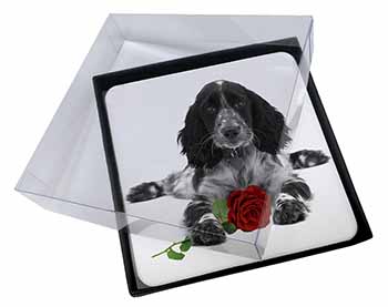 4x Cocker Spaniel (B+W) with Red Rose Picture Table Coasters Set in Gift Box
