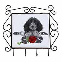 Cocker Spaniel (B+W) with Red Rose Wrought Iron Key Holder Hooks