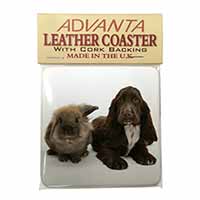 Cute Cocker Spaniel Dog and Rabbit Single Leather Photo Coaster