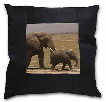 Elephant and Baby Tuskers Black Satin Feel Scatter Cushion