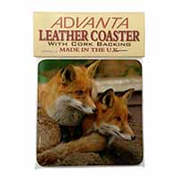 Cute Red Fox Cubs Single Leather Photo Coaster